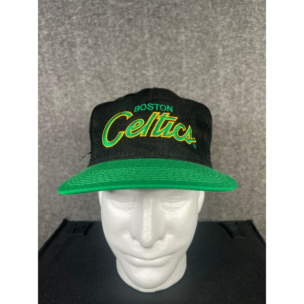 Vintage 90s Boston Celtics Sports Specialties Script Snapback Hat Black Green